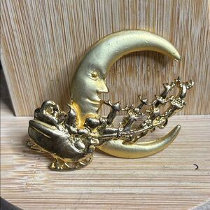 Gold Tone Moon and Santa Sleigh Brooch